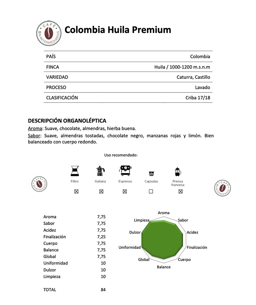 Café Colombia Huila Premium -  Suave, chocolate, almendras, hierba buena. Sabor: Suave, almendras tostadas, chocolate negro, man