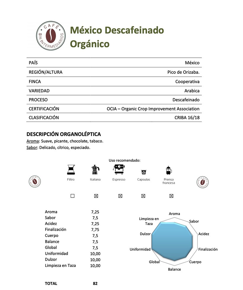 Café México Descafeinado Orgánico - Aroma:  Suave, picante, chocolate, tabaco. Sabor: Delicado, cítrico, especiado.